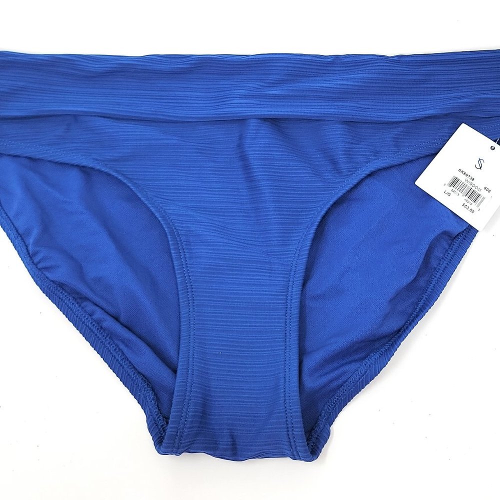 Skye Women's Mid Waist Bikini Bottom Swimsuit, Wisdom Blue Rib, Large